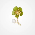 Unikátní květinová brož Sonia zdobená sladkovodní perlou, Zelená Bílá