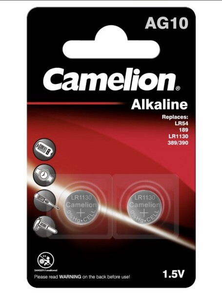 Camelion knoflíková alkalická baterie LR54 (AG10, LR1130, 389, 189, GP89A, SR54) - 2 kusy; 1,5V