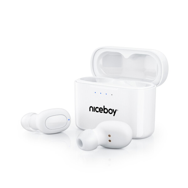 Niceboy HIVE Podsie 3 bílá / Bezdrátová sluchátka s mikrofonem / TWS / Bluetooth 5.1 / IPX5 / nabíjecí pouzdro (hive-podsie-3-white)