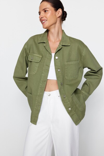 Trendyol Khaki Pocket Detailní oversize džínová košilová bunda