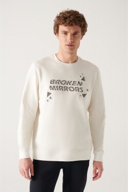 Avva Men's White Crew Neck Thread Fleece Inside Reflective Standard Fit Regular Cut Sweatshirt