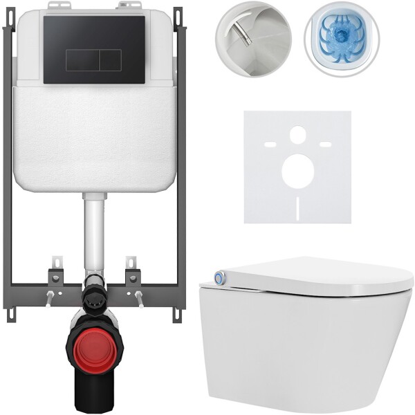 CERANO Závěsné WC s bidetem Basic/Cronus Standard - bílá lesklá - WC tlačítko Modulo/Černá - pro zazdění - 59,3x38,4 cm