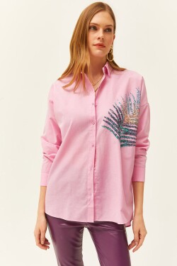 Olalook Women's Candy Pink Palm Sequin Detailed Oversize Woven Poplin Shirt