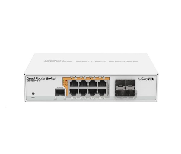 MikroTik Cloud Router Switch CRS112-8P-4S-IN, 400MHz CPU, 128MB RAM, 8xLAN, PoE max. 67W, 4xSFP slot, vč. L5 licence EDF_1015917