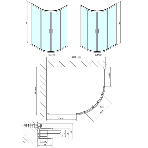 POLYSAN - EASY čtvrtkruhová sprchová zástěna 1200x900, L/R, čiré sklo EL2715