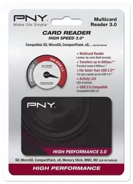 PNY High Performance Reader 3.0 černá / Čtečka paměťových karet / USB 3.2 Gen 1 / 5000 Mbit/s / CF, SD, microSD, MS, xD (FLASHREAD-HIGPER-BX)