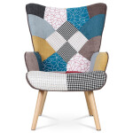 Křeslo "ušák" s podnožkou, potah patchwork látka, nohy masiv kaučukovník