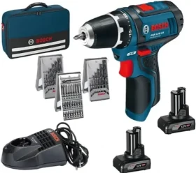 BOSCH GSR 12V-15 / Aku Vrtací šroubovák s příslušenstvím (39ks) / 12V / 2x4.0Ah / 10mm sklíčidlo / 1600 ot-min / 30 Nm (0615990HV1)