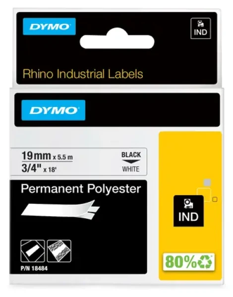 Dymo originální páska do tiskárny štítků 19mm x 5.5m / černý tisk / bílý podklad / RHINO / polyester (18484)