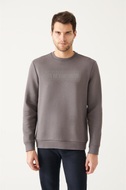 Avva Men's Anthracite Crew Neck Thread Fleece Inside Printed Standard Fit Regular Cut Sweatshirt