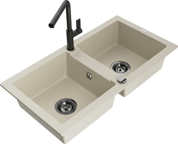 MEXEN/S - Mario granitový dřez 2-bowl včetně baterie Flora, béžová 6504-69-670401-70-B