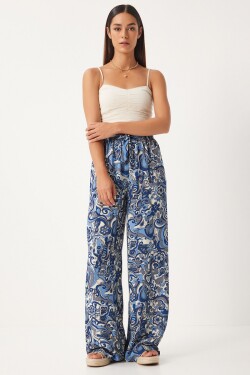 Happiness İstanbul Women's Indigo Blue Patterned Loose Viscose Palazzo Trousers