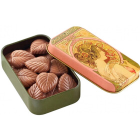 Čokoládové lístky v plechové dóze Mucha 30g hořká čokoláda