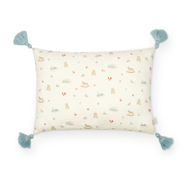 Cam Cam ApS Bavlněný polštářek Vintage Toys 30 × 40 cm, modrá barva, krémová barva, textil