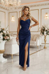 647-2 Přiléhavé dlouhé maxi šaty s obálkovým výstřihem a rozparkem - tmavě modré UNI
