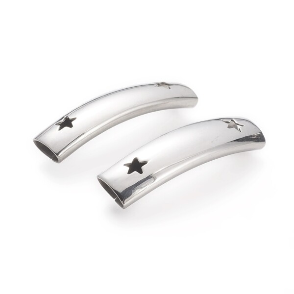 Trubičkový korálek z nerezové oceli - prohnutý - hvězdy - platinový - 36 x 10 x 8 mm - 1 ks