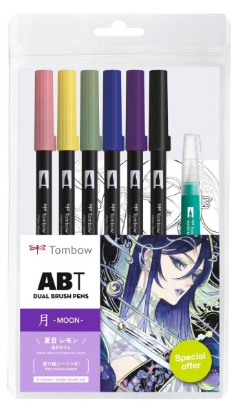 Tombow ABT sada oboustranných fixů Manga Moon 6 ks + vodní štětec