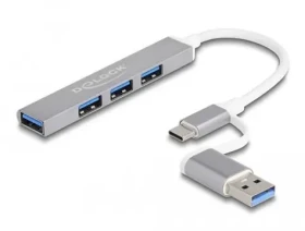 DeLock 64214 / USB hub / USB-A + USB-C / 4 porty / USB 3.2 Gen 1 + USB 2.0 / kovový (64214)