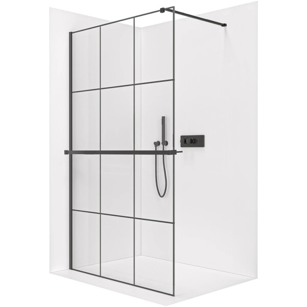 CERANO Sprchová zástěna Walk-in Onyx Cube L/P - 8 mm + polička/držák na ručníky - hranatá vzpěra - černá matná, industriální sklo - 90x200 cm