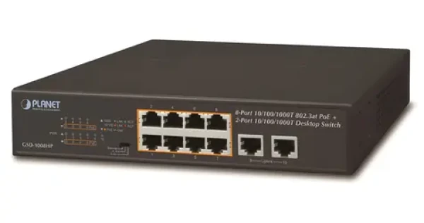 Planet GSD-1008HP / PoE switch / 8x PoE 802.3at 120W / 2x Gigabit / VLAN / Extend mód 250m (GSD-1008HP)
