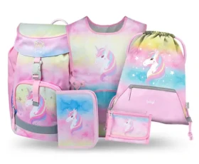 BAAGL SET 5 Airy Rainbow Unicorn / Školní set / batoh / penál / sáček / zástěra / peněženka
