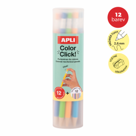 APLI pastelky stiskací - Color Click, 12 ks, s náhradními tuhami a ořezávátkem, mix barev
