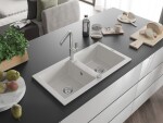 MEXEN/S - Mario granitový dřez 2-bowl včetně baterie Flora, bílá 6504-20-670401-00
