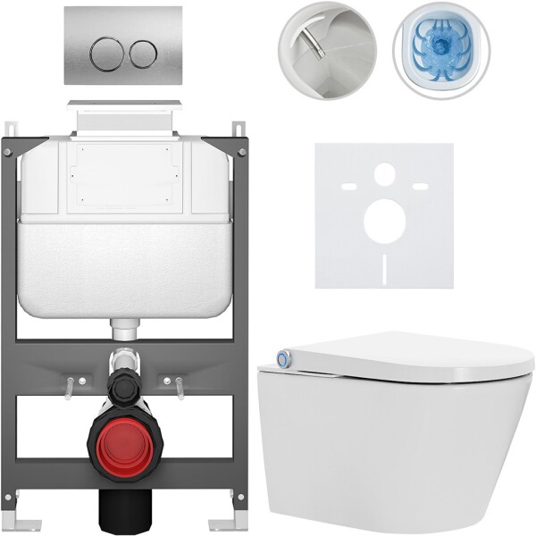 CERANO Závěsné WC s bidetem Basic/Cronus Standard - bílá lesklá - WC tlačítko Dualo/Stříbrná - ovládání shora - předstěnová instalace - 59,3x38,4 cm