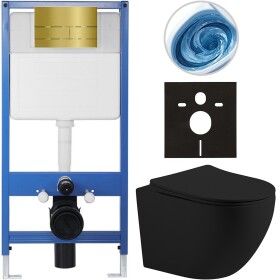 CERANO Kompletní WC set Profi/Cesso - černá matná - WC tlačítko Line. zlatá - předstěnová instalace - 49x36 cm