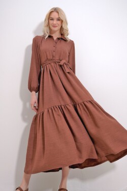 Trend Alaçatı Stili Women's Brown Buttoned Front Skirt Flounced Flamed Linen Maxiboy Dress