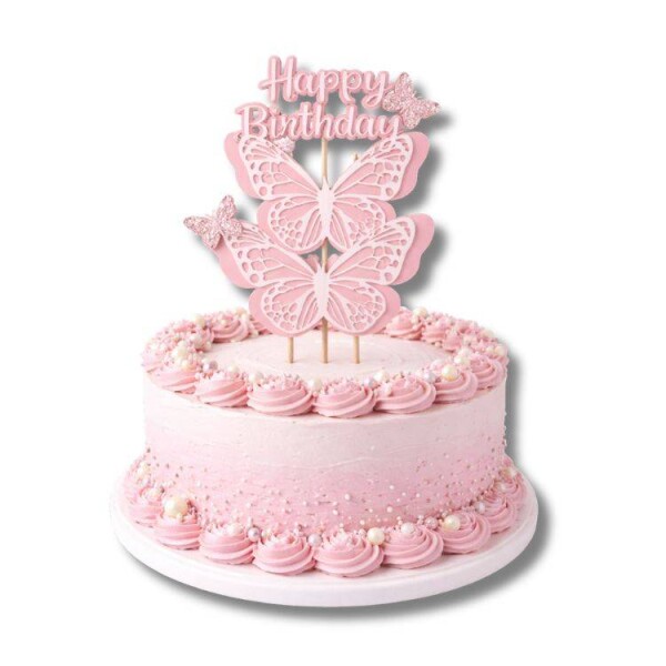 Dortisimo Zápich do dortu Happy Birthday s motýly růžový (4 ks)