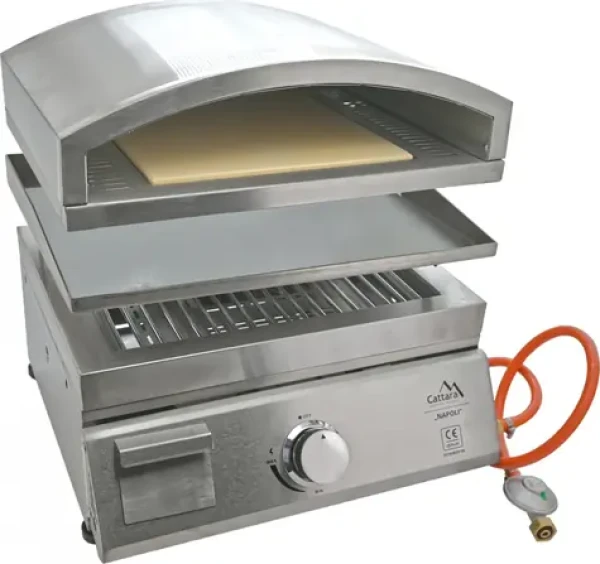 CATTARA Gril plynový NAPOLI stolní / 3v1 rošt, deska, pizza pec / 4,8 kW/hod / nerezová ocel / piezo zapalování