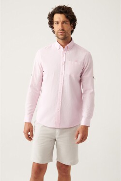 Avva Men's Pink Folded Sleeve Detailed Linen Shirt
