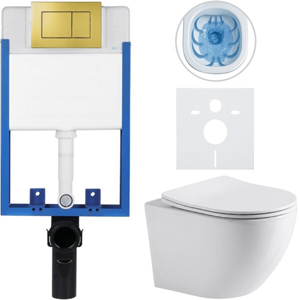 CERANO Kompletní podomítkový WC set Lite/Cesso - bílá lesklá - WC tlačítko Classic, zlatá - k zazdění - 49x36 cm - 002894