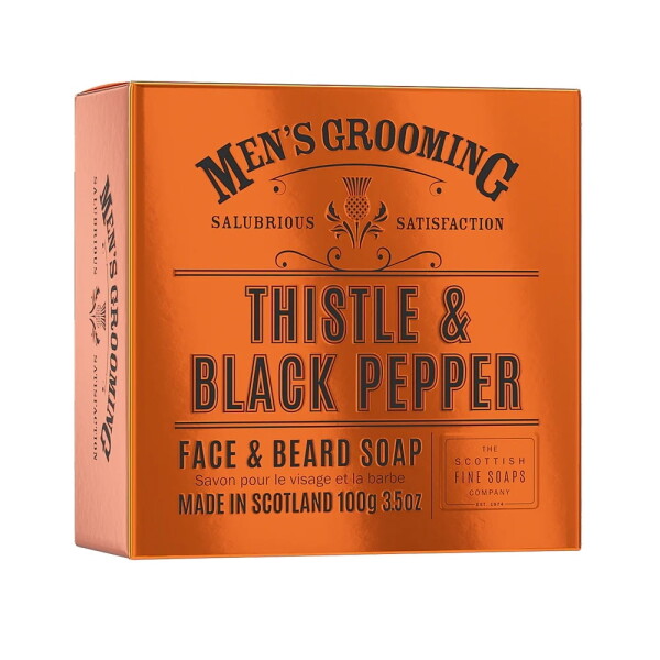 SCOTTISH FINE SOAPS Pánské tuhé mýdlo na obličej a vousy Thistle/Black Pepper 100 g, oranžová barva, papír