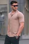 Madmext Camel Striped Slim Fit Men's Short Sleeve Shirt 5591