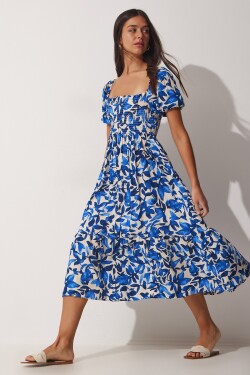 Happiness İstanbul Women's Blue Floral Patterned Summer Viscose Dress