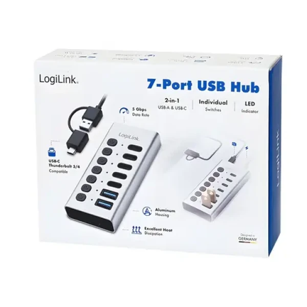 USB Hub 7x USB-A/C s vypínačem on/off / Rozbočovač / 7 portů / přepínání jednotlivých portů (UA0447)