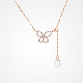 Stříbrný náhrdelník s perlou a zirkony Ofelia Gold, motýl, stříbro 925/1000, Zlatá 42 cm + 4 cm (prodloužení)