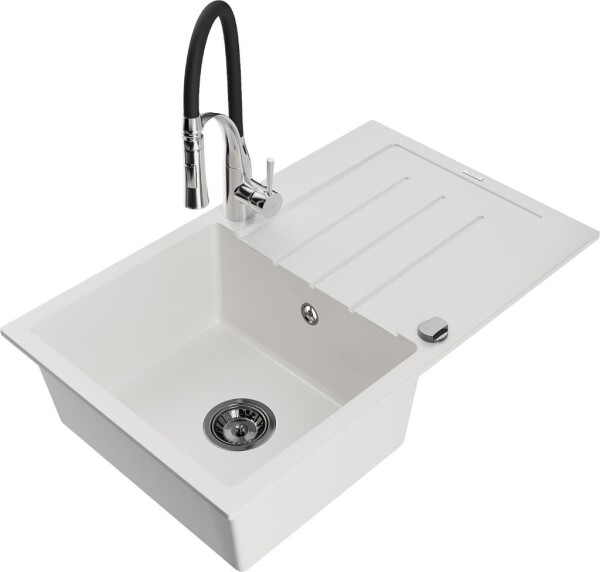 MEXEN - Bruno granitový dřez s odkapávačem včetně baterie Aster, bílá 6513-20-73450-07-B