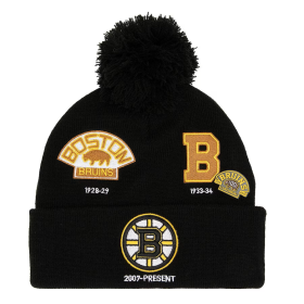 Mitchell & Ness Pánská Zimní Čepice Boston Bruins 100th Anniversary Collection Timeline Cuffed Knit Hat with Pom - Black/