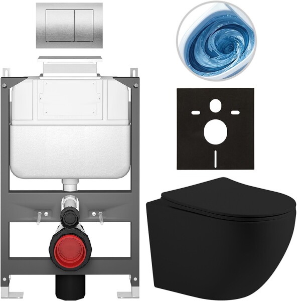 CERANO - Kompletní WC set Basic/Cesso - černá matná - WC tlačítko Maxio/Stříbrná - ovládání shora - předstěnová instalace - 49x36 CER-8050BD86220