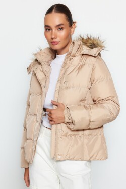Nafukovací kabát Trendyol Beige Fur kapucí