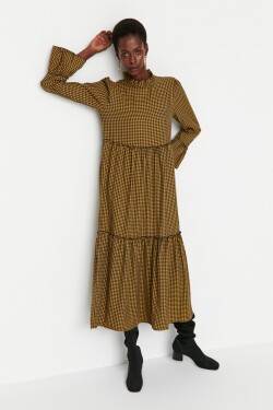 Trendyol žluté kostkované límec a volánkový detailní tkané šaty