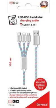 2GO Kabel 3v1 / Nabíjecí kabel / USB-A / Micro-USB USB-C Lightning / 1,5 m / 3 A (797316)