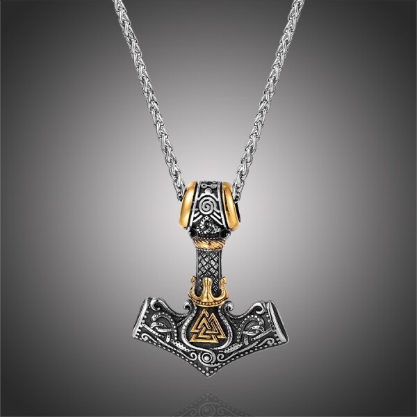 Pánský náhrdelník Thórovo kladivo - MJOLNIR, oboustranný přívěsek, Zlatá 60 cm