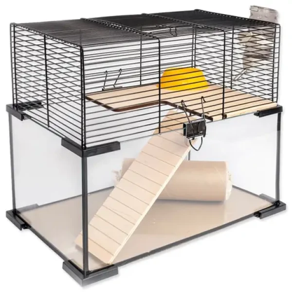COMFY Klec Vetro Plus Nature černá / 40x25x34,5 cm / vybavená klec / pro křečky, myši a pískomily (855-016456)