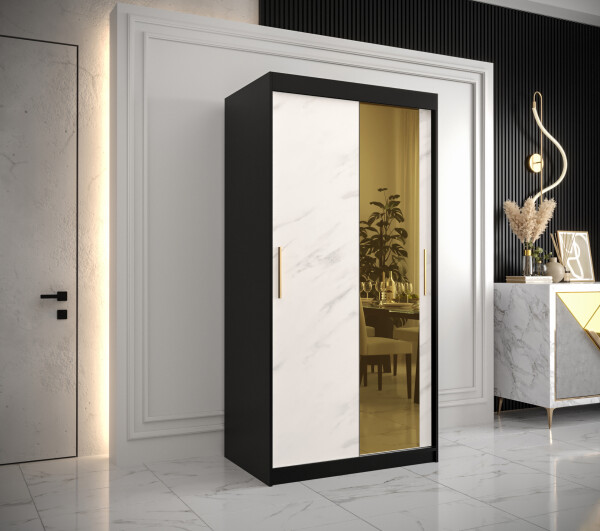 Šatní skříň Abi Golden T2 Barva korpusu: Černá, Rozměry: 100 cm, Dveře: Bílý mramor se zlatým zrcadlem