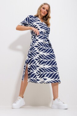 Trend Alaçatı Stili Dámské námořnické modré šaty s krátkým rukávem a listovým vzorem