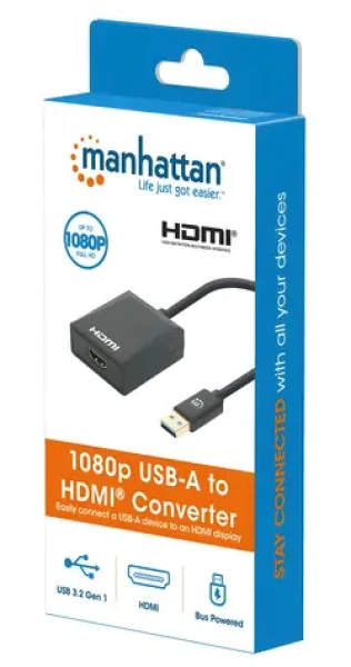 Manhattan USB-A na HDMI adaptér černý / Adaptér / USB 3.1 Gen 1 / Full HD 1080p / 60 Hz / plast (153690)